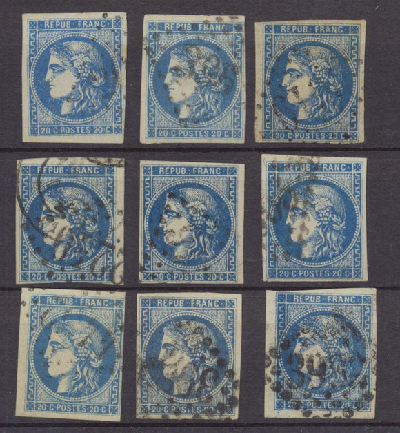 Lot de 9 Bordeaux N°46 20c Bleu. Qualité TTB, TB. L6