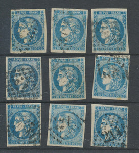 Lot de 9 Bordeaux N°46 20c Bleu. Qualité TTB, TB. L70