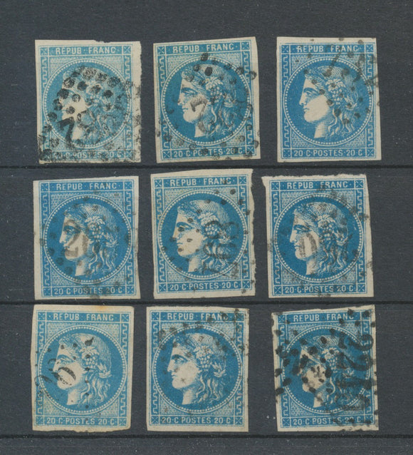 Lot de 9 Bordeaux N°46 20c Bleu. Qualité TTB, TB. L86