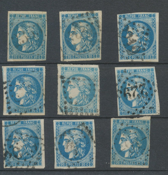 Lot de 9 Bordeaux N°46 20c Bleu. Qualité TTB, TB. L90