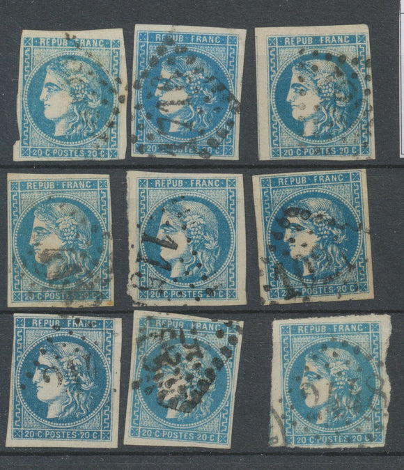 Lot de 9 Bordeaux N°46 20c Bleu. Qualité TTB, TB. L91