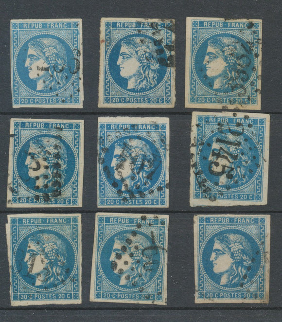 Lot de 9 Bordeaux N°46 20c Bleu. Qualité TTB, TB. L93