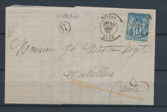 1878 Lettre Sage Obl SIGEAN + BR B La Palme AUDE(10) N1323