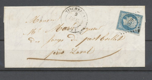 1854 Lettre avec N°14A, 20c. bleu Obl PC 3370 + CAD Type 14 Tinchebrai N1440