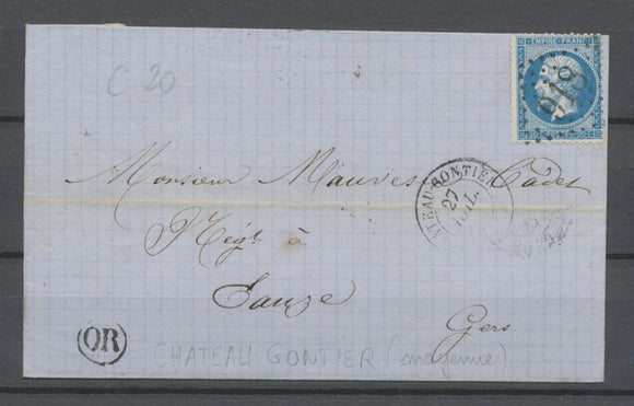 Lettre avec N°22, 20c. bleu Obl GC 918 + CAD Chateau-Gontier + OR TB. N1447
