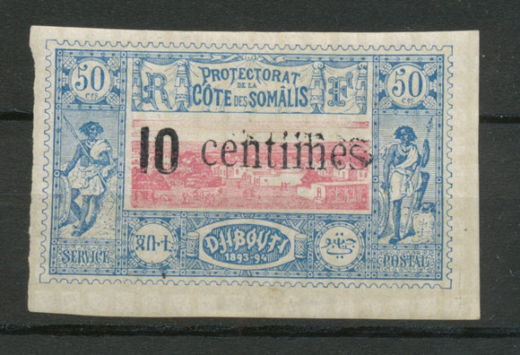 COLONIES COTE DES SOMALIS N°29 10c sur 50c bleu DOUBLE SURCHARGE RR Signé N1884