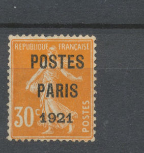 1921 Préo N°29 30c orange POSTE PARIS 1921 Léger Recto/verso. Signé CALVES N2008