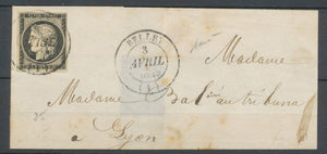 LSC Avril 1849 Cérès N°3 20c noir obl. C14 BELLEY(1) Ain rare TB N3555