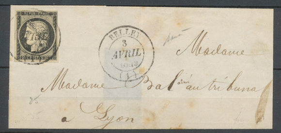 LSC Avril 1849 Cérès N°3 20c noir obl. C14 BELLEY(1) Ain rare TB N3555