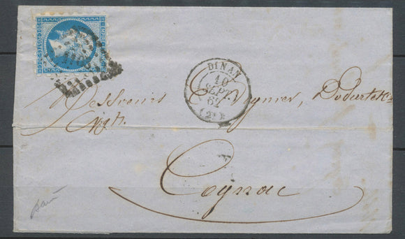 Lettre sept 1862 Empire N°14 20c bleu t.2 Piquage SUSSE Dinan PC+C15 SUP N3556