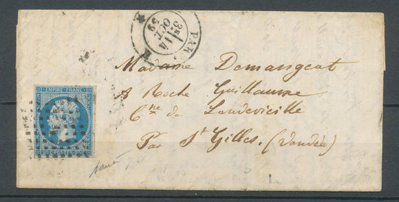 Lettre oct 1859 N°14 20c bleu Obl. Losange retaillé K PARIS * Superbe N3557