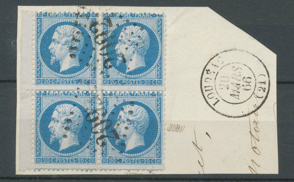 1866 Fragment avec bloc de 4 piquages déplacés N°22 Bdf Obl. GC, C 15 SUP N3558