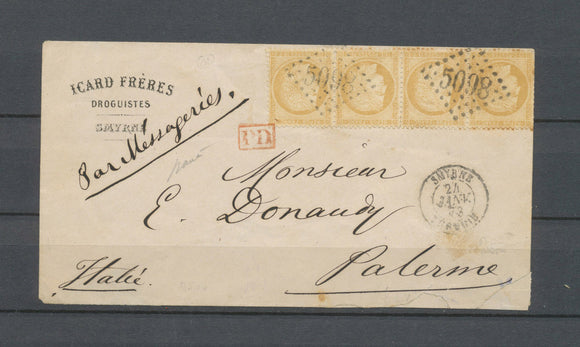 1873 Env. avec Bande de 4 N°59 15c Bistre Obl GC5098 SMYRNE Pour PALERME N3563