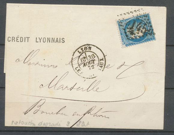 1872 Lettre N°60 25c bleu planchage 146A2, 8ème état. Superbe. Rare N3565