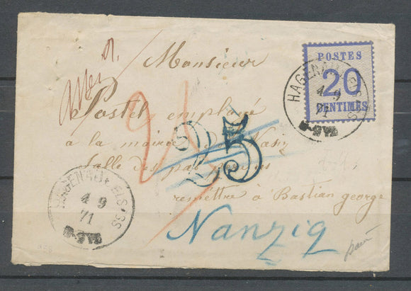 1871 Env. Alsace Lorraine 25c Bleu + taxe 25 ct bleue +25c rouge au crayon N3567