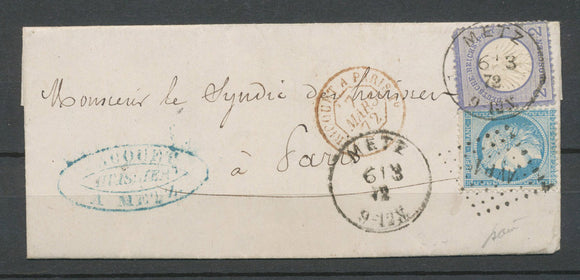 1872 lettre Alsace Lorraine Aff. Mixte 25c bleu + 2gr ZO vers ZL Rare N3571