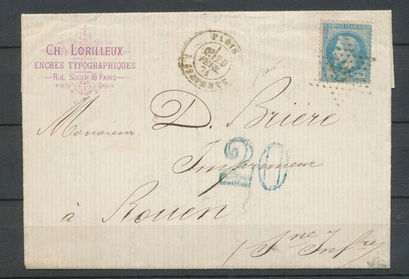 20 Févr.1871 Lettre N°29 20c bleu PARIS étoile 25 + Taxe 20c bleu occupé N3572