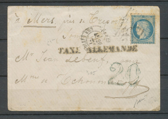 Mars 1871 Env. N°37 20c bleu + Taxe 20c bleu + TAXE ALLEMANDE N3573