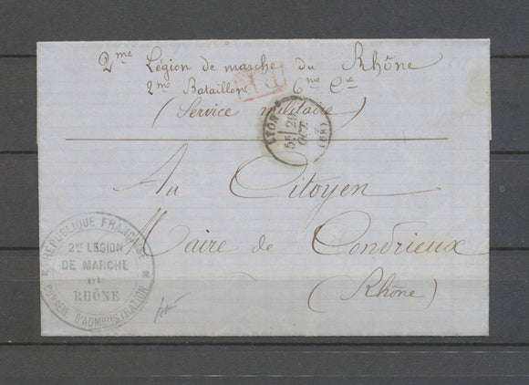 Oct 1870 LSC 2ME LEGION/DE MARCHE/DU/RHONE , G Cachet Bleu + PP rouge N3587