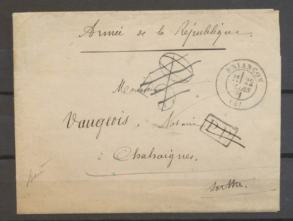 Lettre 22 Mars 1871 ARMEE DE LA REPUBLIQUE en Franchise Taxe 30 + PP rayé N3591
