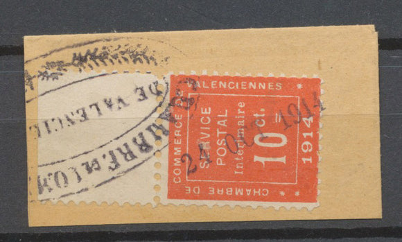 France Timbre de Guerre N°1 10c vermillon Obl Valenciennes sur fragment. N3620