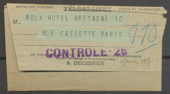 1917 Télégramme + Griffe CONTRÔLE-26  Violet. TB N3630
