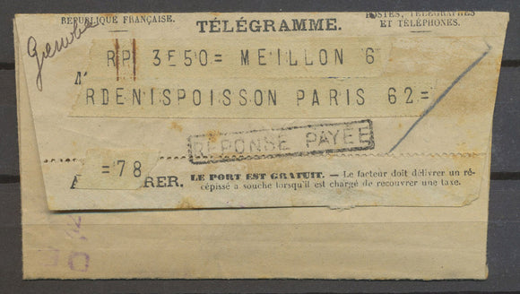 1937 Télégramme avec griffe REPONSE PAYEE. Superbe N3631