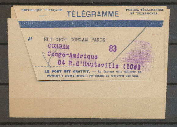 1947 TELEGRAMME voie TSF de BRAZZAVILLE CONGO. Superbe N3635