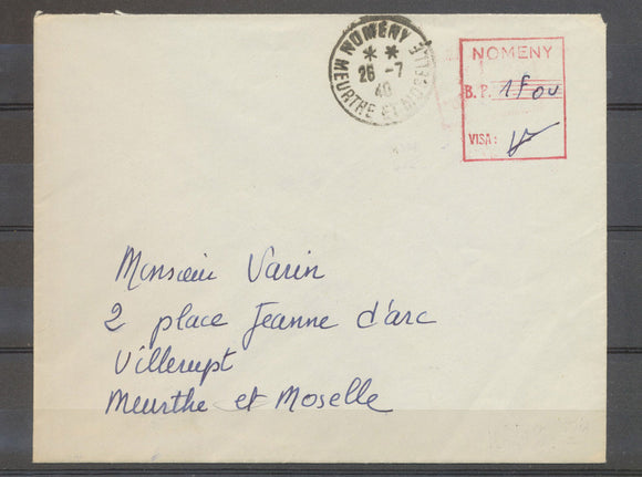 1940 Env. Cachet provisoire NOMENY MEURTHE ET MOSELLE, aff 1f. N3638