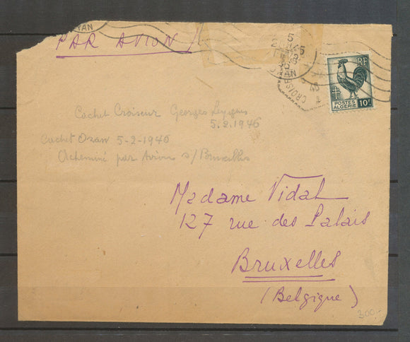 5/2/1946 Env. 10f Coq ALGERIE Obl ORAN REPECHAGE EN MER. N3639