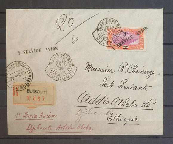 1929 Env. 3f/5f orange Obl 1 SERVICE AVION DJIBOUTI A ADDIS ABEBA R.P. N3641