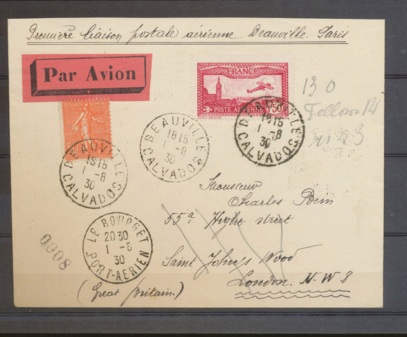 1930 Env. Première Liaison Postale AERIENNE DAUVILLE PARIS. RRR N3642