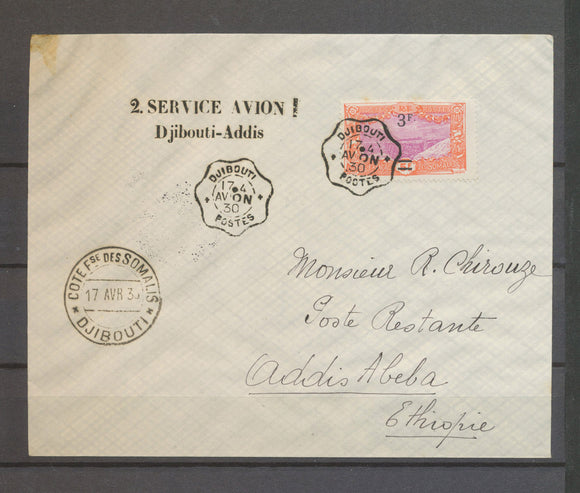 1929 Env. 3f/5f orange Obl  griffe 2 SERVICE AVION/Djibouti-Addis N3643