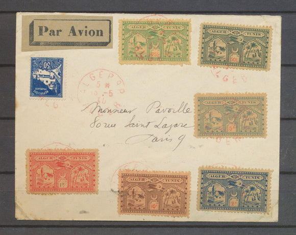 1930 ALGER TUNIS 6 vignettes+ 1 tp 50c bleu Obl Rouge, pilote MAX KNIPPING N3644