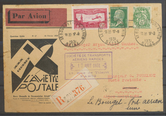 17/08/1931 Aérogramme officiel Première liaison AVION PARIS-CANNES N3646