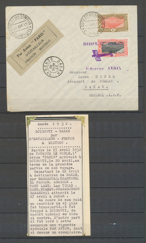 22 au 27/04/1932 1ère Liaison postale Aérienne DJIBOUTI-DAKAR RRR. N3649