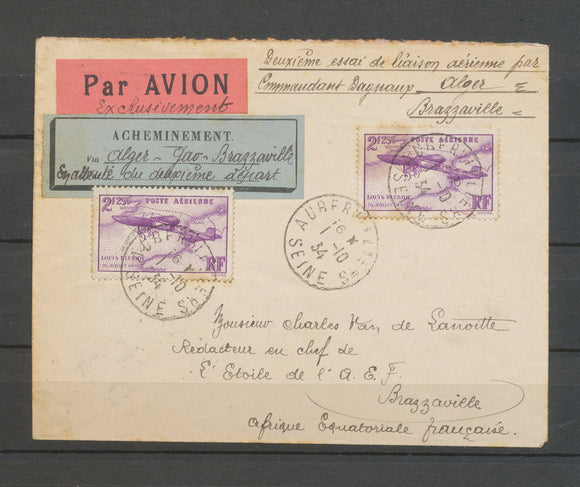 01/10/1934 , 1ère liaison aérienne postale ALGER-BRAZZAVILLE, cdt DAGNAUX. N3650