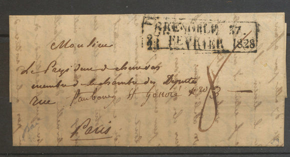 1828 Lettre Cachet d'essai GRENOBLE 37/25 FEVRIER 1828. TB, signée Baudot N3661