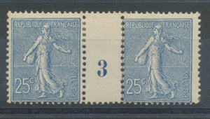 MILLESIME 3 sur Semeuse lignée N°132, 25c. bleu NEUF*, TB COTE 280€ P1341