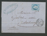 1867 Lettre N°22 20c bleu Ligne BES.P. GARE DE MOUCHARD I15 TB. P1670