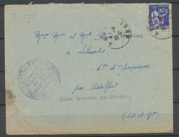 1942 Enveloppe en franchise FM Chantier de jeunesse N°29 dans l'Aude Rare P1862