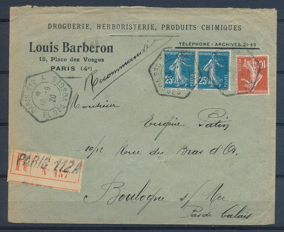 1920 Superbe lettre à 60c semeuse en recommandé Cachet hexagonale PARIS P1870