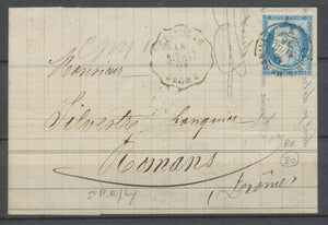 1876 Lettre N°60C, 25c. bleu Obl Convoyeur-Station Epinouze Ind.20 RARE. P1898