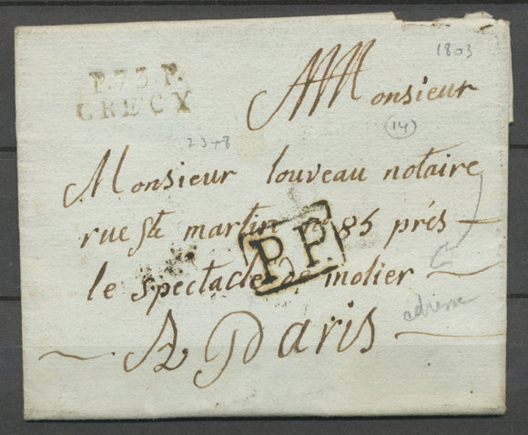 1803 Lettre Marque P73P CRECY Seine et Marne + PP Pour Paris Superbe P2409