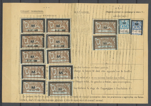1932 Feuillet Assurances Sociales Type MERSON Surch M 14 timbres 125f25 P2588