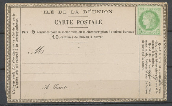 CP Précurseur Ile de la Réunion N°17 5c vert s.azuré Neuf P2600
