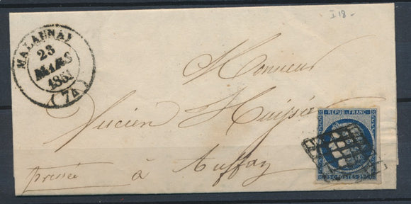 1851 Lettre N°4 Obl grille + CAD T14 MALAUNAY SEINE INFERIEURE (74) P2655