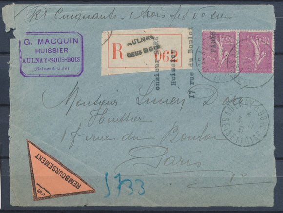 1931 Lettre à 1f50 avec 2*N°202 en Recommandé de AULNAY SS BOIS DEPt 60 P2692