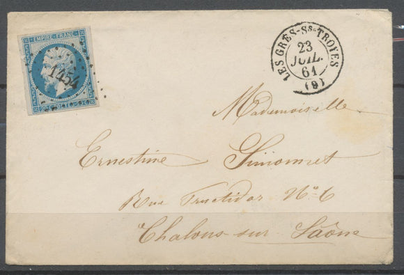 1861 Env. N°14 Obl. PC1454 LES GRES-Ss-TROYES AUBE(9) SUPERBE. P2700