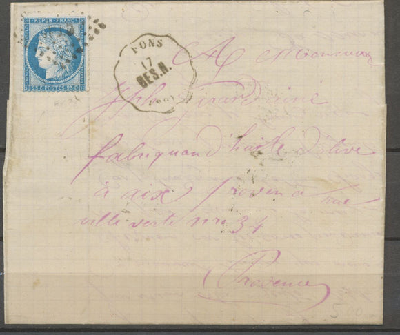 1876 Lettre N°60 obl ambulant + Convoyeur Station FONS BES.N. GARD(30) P2711